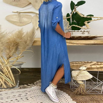Lora™ | Sommerkleid aus Mid-Denim mit V-Ausschnitt