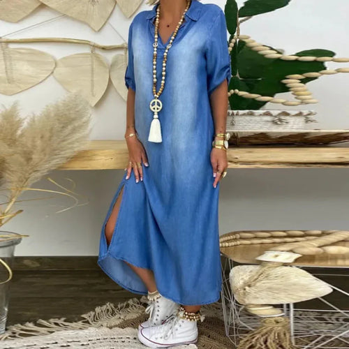 Lora™ | Sommerkleid aus Mid-Denim mit V-Ausschnitt